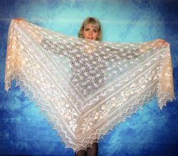 Peach embroidered Orenburg Russian shawl, Wedding stole, Warm bridal cape, Hand knit cover up, Wool wrap, Beige scarf