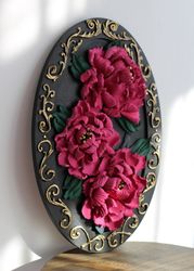 Floral painting, 3D peonies, original floral plaster sculpture, handmade home decor.