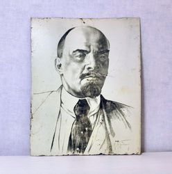 Vintage Portrait Vladimir Lenin. Painting Engraving of Lenin. USSR