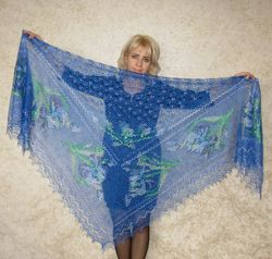 Blue embroidered Orenburg Russian shawl, Hand knit cover up, Wool wrap, Lace stole, Kerchief, Warm bridal cape,Big scarf