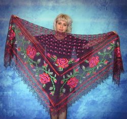 Wine-purple embroidered Orenburg Russian shawl, Wedding shawl, Warm bridal cape, Hand knit cover up, Wool wrap, Stole