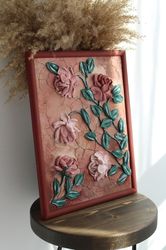 Roses painting, original floral plaster sculpture, plaster flowers, impasto painting, palette knife flowers.