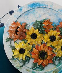 Sunflowers painting, plaster flower art, textured flowers piece, impasto painting.