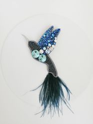 Blue hummingbird crystal beaded brooch for women