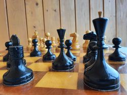 Russian chess set vintage: Valdai Soviet chess pieces 1960s & wooden folding chess board