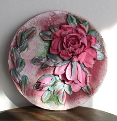 Roses painting, original floral plaster sculpture, textured wall decor, floral art, gift idea.
