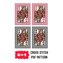 queens playing cards. 4 in 1 cross stitch pattern. pdf embroidery pattern with beautiful blackwork and back stitch frame