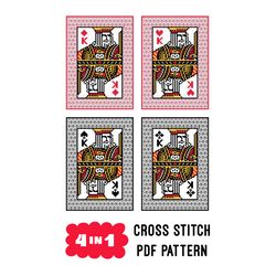 kings playing cards. 4 in 1 cross stitch pattern. pdf embroidery pattern with beautiful blackwork and back stitch frame