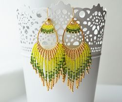 Gold beadwork yellow green dangle earrings. Green ombre chandelier earrings. Drop earrings with fringe