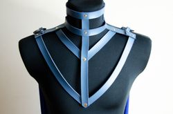 Blue leather necklace for LARP costume or fantasy cosplay Witch choker Mage accessories Sorceress gorget.