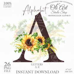 Alphabet Clip Art. Sunflowers Flowers. Letters Clip Art. Hand Drawn graphics. Digital Download. OliArtStudioShop