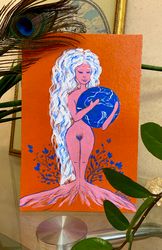 Earth goddess Gaia. Mermaid painting. Erotic wall art. Abstract nude painting.
