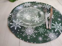 Green christmas placemats set of 6,4or2, snowflakes round placemats, square placemat water-repellent, winter place mat