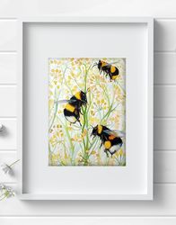 Watercolor original aquarelle bumblebee painting wall decor bees insect by Anne Gorywine