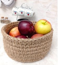 Jute storage basket. Handmade crocheted basket in boho style