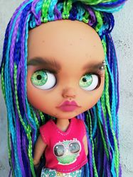 Blythe custom doll Karina braids green blue purple hair dark skintone piercing tbl ooak doll christmas gift