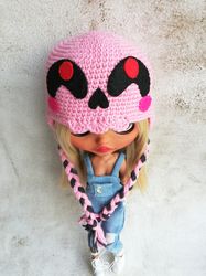 Blythe hat crochet pink Skeleton black felt eyes for custom blythe halloween clothes blythe outfit