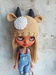 Blythe hat crochet brown Bull for custom blythe doll christmas clothes blythe accessories
