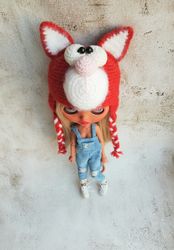 Blythe hat crochet red Cat for blythe doll halloween outfit doll clothes animal hat for doll blythe accessoires