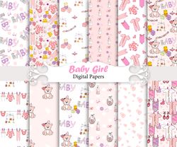 Baby girl papers, seamless patterns.