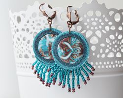 Turquoise blue round dangle earrings with beaded tassels. Leverback earrings with beadwork fringe. Tribal boho jewelry