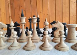 Soviet big 20 cm king wooden chess pieces - Russian Mordovian chessmen set large