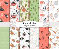 Cute sloths, seamless patterns.