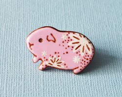 Pink guinea pig pin brooch of polymer clay with hand painted white flowers.