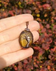 Tigers Eye Wire Wrapped Yggdrasil World Tree Necklace, Copper Tree Of Life Pendant, Protection Amulet Necklace, Talisman