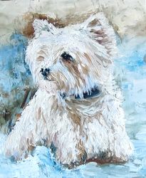 Doggy little white painting Impressionism Original art Oil artwork impasto