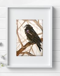 Crow 8x11 inch original watercolor raven art bird aquarelle painting by Anne Gorywine