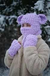 Hand knitted SET original hat bear balaclava with ears and mittens bunny cat fox  face mask ski free shipping