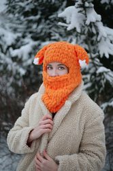 Hand knitted original balaclava puffy winter warm hat with ears FOX ski mask face knitted balaclava orange