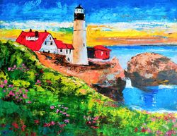 Lighthouse Painting Original Art Sea Sunset Painting Lighthouse Artwork Maine Landscape New England Painting 11" by 14"