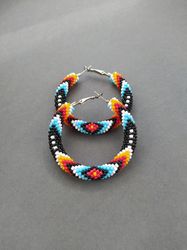 Blue ethnic round beaded earrings, beaded ring earrings, Southwest beaded Hoop earrings, Colorful Native Style Earrings
