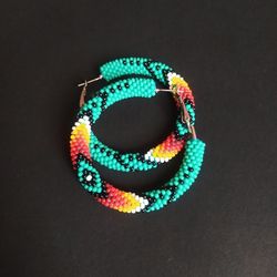 Turquoise beaded Hoop earrings, Ethnic Style Hoop Earrings, Southwest beaded Hoop earrings,  Bead Crochet Hoops