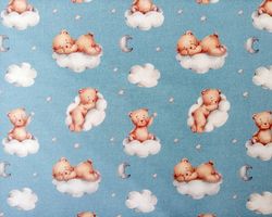 Digital Printed Teddy Bears, French Terry Kids Fabric, Baby Clothes Fabric, Baby Bear on Clouds Fabric