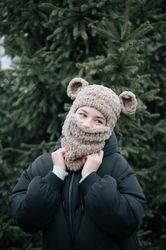 Hand knitted original balaclava puffy winter warm hat with ears Bear ski mask face knitted balaclava