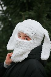 Hand knitted multicolored hat Rabbit balaclava with ears Bunny face mask ski winter warm hat 2023 year symbol