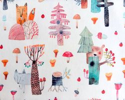 Forest Animals Fabric, Digital Printed Jercey Kids Fabric, Baby Clothes Fabric, Woodland Animals Fabric