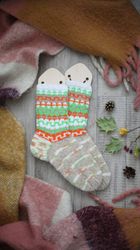 Woolen warm bright socks hand knitted with jacquard pattern national ornament orange green beige organic wool natural