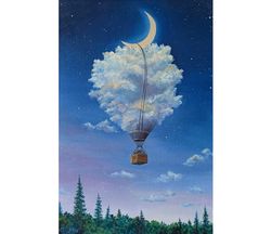 Hot Air Balloon Painting Journey Art 24 by 16 Canvas Oil Painting Surrealism Original Art Clouds Wall Art Moon