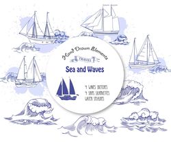 Sea and Waves, summer holidays, ships, water splashes. Clipart. Instant Download