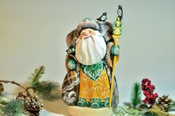 Wooden Santa with three birds, Collectable green figure,Carved Santa, Christmas gift 9.5 inch tall