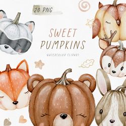 watercolor pumpkin clipart set. cute woodland baby animals. fall kids illustrations. owl, fox, deer, bear, raccoon, png