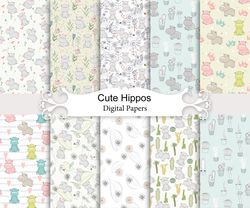 Cute hippos, seamless patterns.