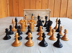 Artel made Soviet 1950s chess pieces antique - Old wooden Russian chessmen set vintage