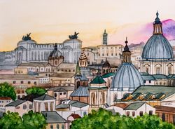 Rome cityscape original watercolor painting Italy artwork Italian architecture sunset wall art