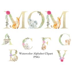 Watercolor animals alphabet, mothers day, letter wall decor.