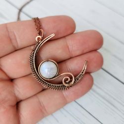 Wire Wrapped Crescent Moon Necklace With Moonstone Bead. Moonstone Necklace.